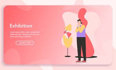 Vector banner of Exhibition concept. Man looking at sculpture