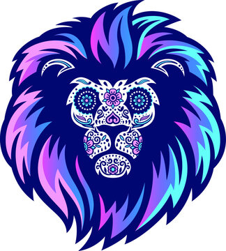 Colorful Illustration of Lion Head with Sugar Skull Style Design