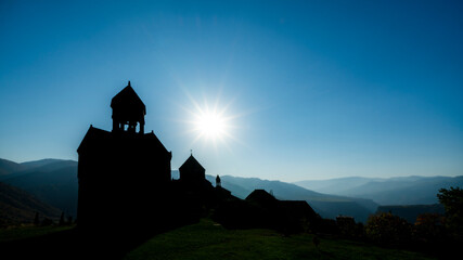 Haghpat Monastery, UNESCO World Heritage Site in Armenia, built between 10th and 13th centuries. Backlit silhouette.