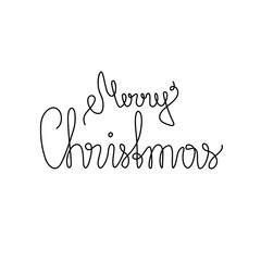 Merry Christmas lettering, emblem or logo design, greeting card or invitation, continuous line drawing, neon, banner, poster, flyers, marketing, one single line on white background, isolated vector.