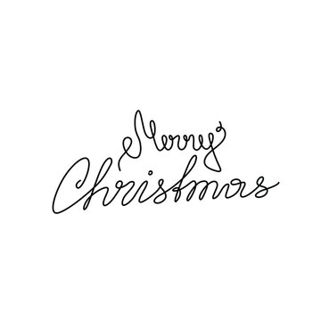Merry Christmas lettering, emblem or logo design, greeting card or invitation, continuous line drawing, neon, banner, poster, flyers, marketing, one single line on white background, isolated vector.