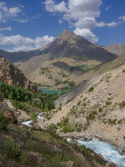 Fototapeta na wymiar Scenic mountain landscape in the Marguzor seven lakes area, Shing river valley, near Penjikent or Panjakent in Tajikistan 
