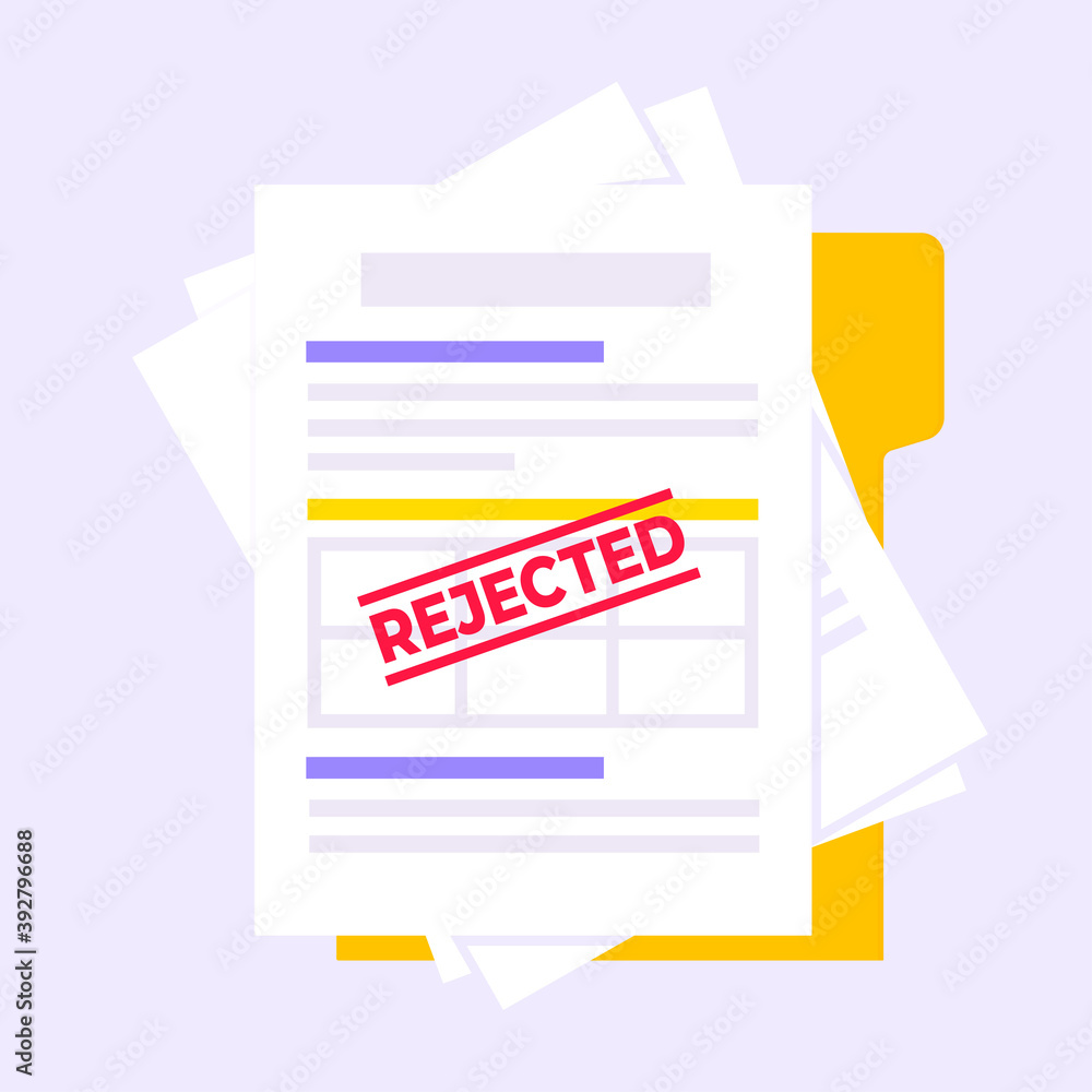 Poster rejected credit or loan form with file and claim form on it, paper sheets isolated on background fla