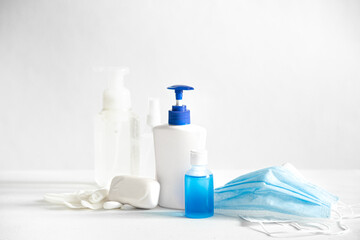 Personal protective equipment against the spread of the Corona covid 19 virus copy space.