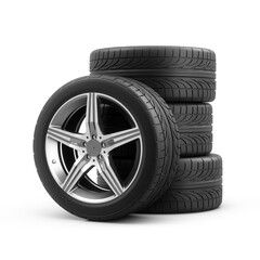 3D rendering of four car wheels on a white background