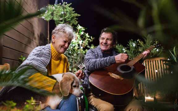 Senior couple in wheelchair with dog and guitar in the evening on terrace. - Powered by Adobe