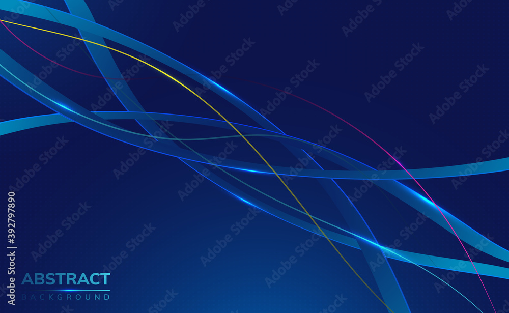 Wall mural modern 3d blue science technology abstract background with 3d ribbons and roots with shiny edges