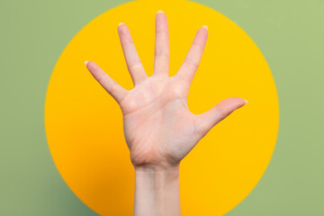A woman's hand with outstretched fingers. Green background with a yellow circle. Close up. The...
