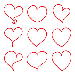 Fototapeta na wymiar Set of nine hand drawn heart. Handdrawn rough marker hearts isolated on white background. Vector illustration for your graphic design