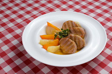 Fresh grilled steaks with mango fruit pieces. Meat dish. Healthy delicious dinner. Healthy diet.