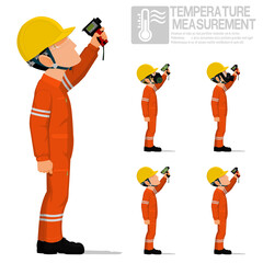 Set of industrial worker using pyrometer for measuring temperature.