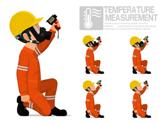 Fototapeta na wymiar Set of industrial worker using pyrometer for measuring temperature.