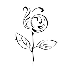 ornament 1380. one unique stylized flower on a stalk with two leaves in black lines on a white background
