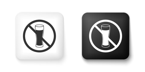 Black and white No alcohol icon isolated on white background. Prohibiting alcohol beverages. Forbidden symbol with beer bottle glass. Square button. Vector.