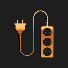 Gold Electric extension cord icon isolated on black background. Power plug socket. Long shadow style. Vector.
