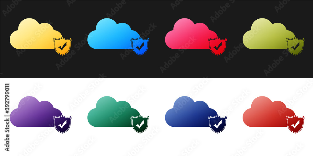 Poster set cloud and shield with check mark icon isolated on black and white background. cloud storage data