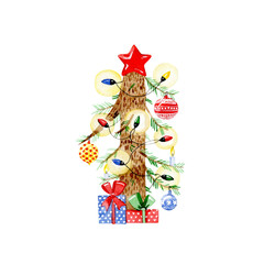 Christmas lettering. Number 1 in the form of a Christmas tree, decorated with Christmas balls, toys, light garlands and gifts.