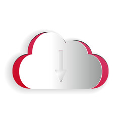 Paper cut Cloud download icon isolated on white background. Paper art style. Vector.