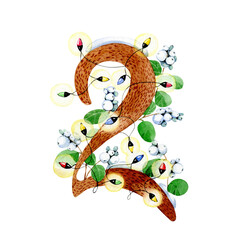 Naklejka premium Christmas lettering. number two, decorated with twigs, leaves and berries of a snowberry and a light multi-colored garland