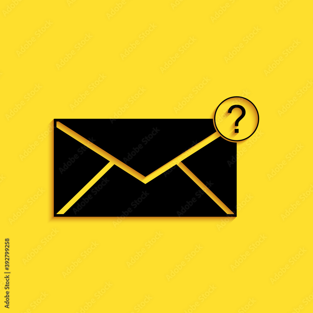 Poster black envelope with question mark icon isolated on yellow background. letter with question mark symb