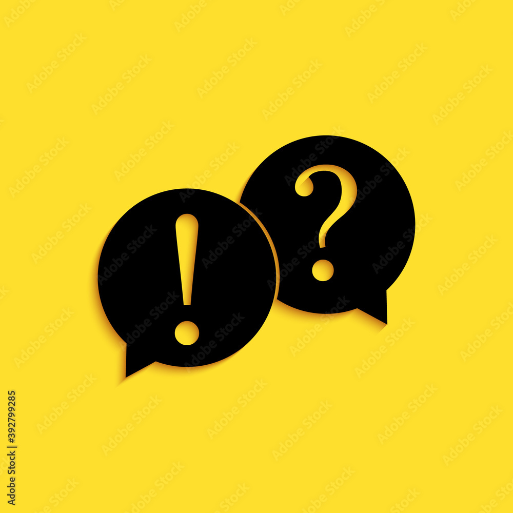 Poster black speech bubbles with question and exclamation marks icon isolated on yellow background. faq sig