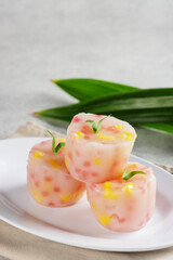 Cantik Manis. Indonesian traditional steamed dessert made from mung bean flour, sago pearls and coconut milk.