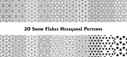 Set of twenty hexagonal Snow Flake Patterns. Christmass and New Year wallpaper or wrapping paper design.