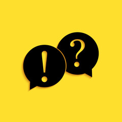 Black Speech bubbles with Question and Exclamation marks icon isolated on yellow background. FAQ sign. Copy files, chat speech bubble. Long shadow style. Vector.