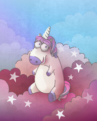 Cute plump smiling unicorn sitting on the cloud surrounded by stars