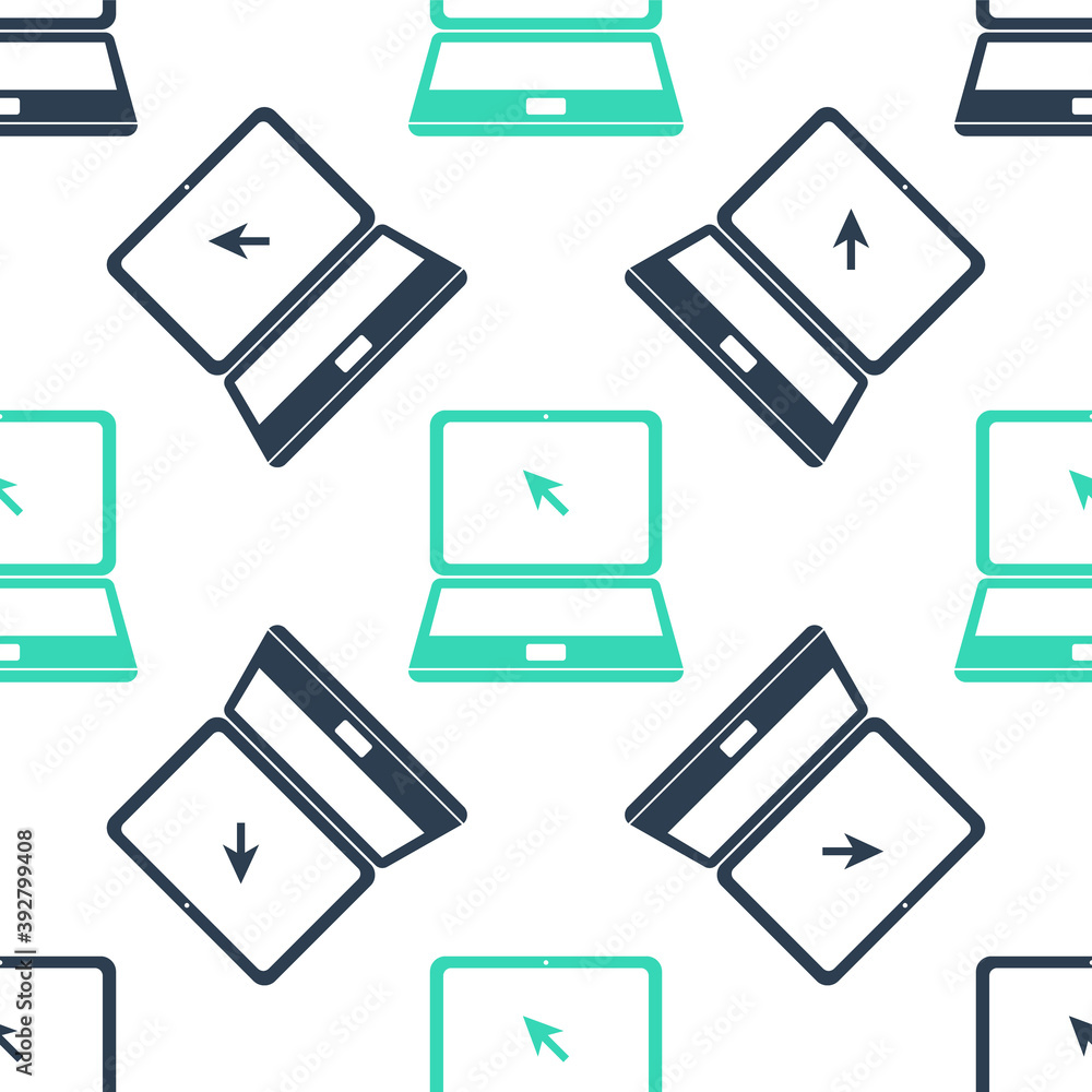 Poster green laptop with cursor icon isolated seamless pattern on white background. vector.