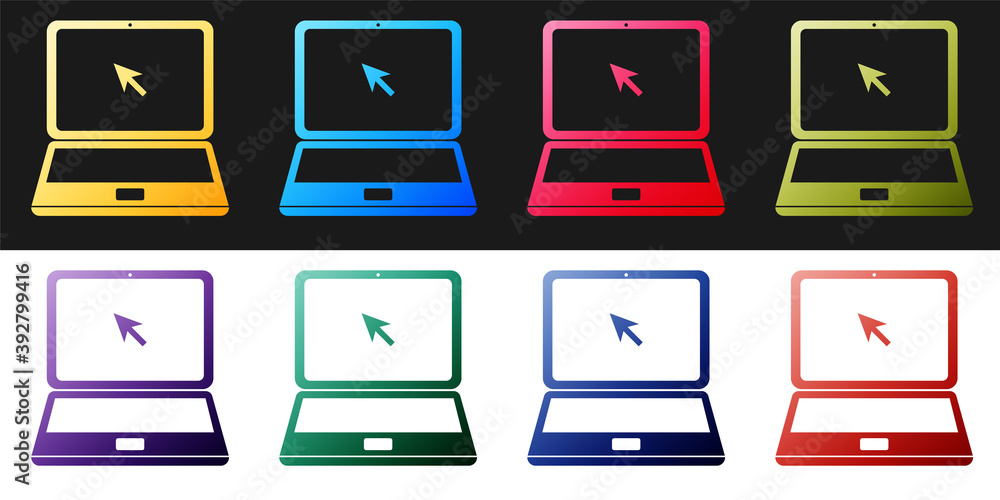 Poster set laptop with cursor icon isolated on black and white background. vector.