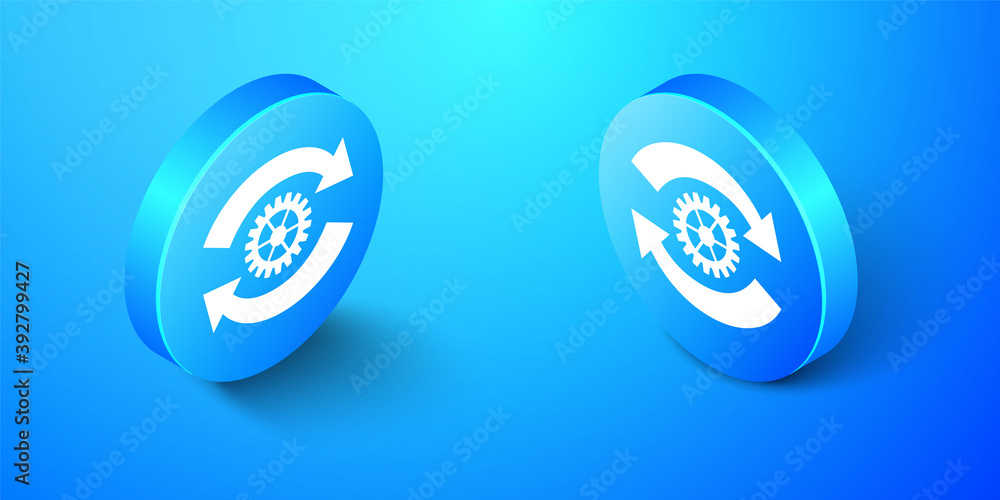Aufkleber isometric gear and arrows as workflow concept icon isolated on blue background. gear reload sign. bl