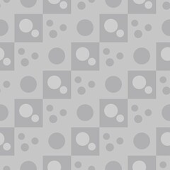 Gray geometric pattern of small and large circles and squares. Dark gray circles on a light chess background.