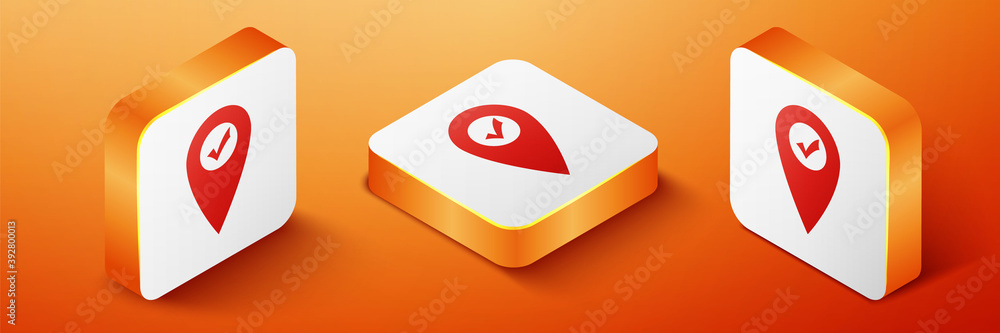 Poster isometric map pointer with check mark icon isolated on orange background. marker location sign. tick