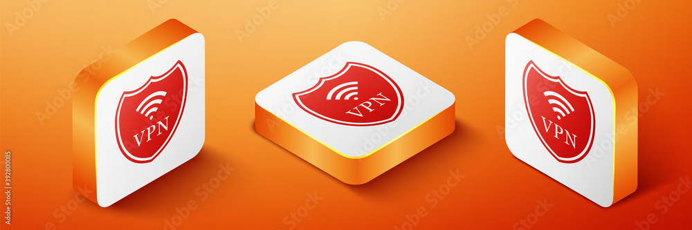 Poster isometric shield with vpn and wifi wireless internet network icon isolated on orange background. vpn