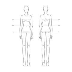 Women standard body parts terminology measurements Illustration for clothes and accessories production fashion lady size chart. 9 head girl for site and online shop. Human body infographic template