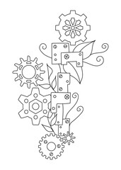 Coloring page Steampunk Gears and metal part Background . Vector illustration of gears on a white