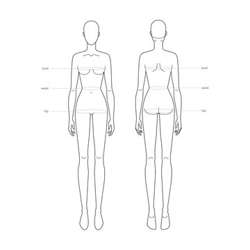 Women standard body parts terminology measurements Illustration for clothes and accessories production fashion lady size chart. 9 head girl for site and online shop. Human body infographic template