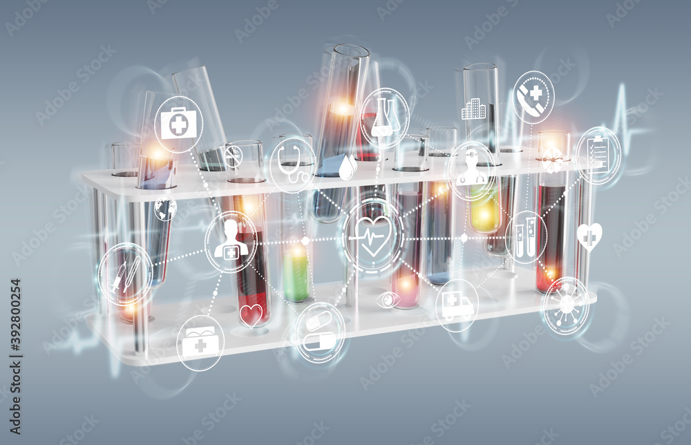Aufkleber Medical analysis in tubes samples on grey background 3D rendering