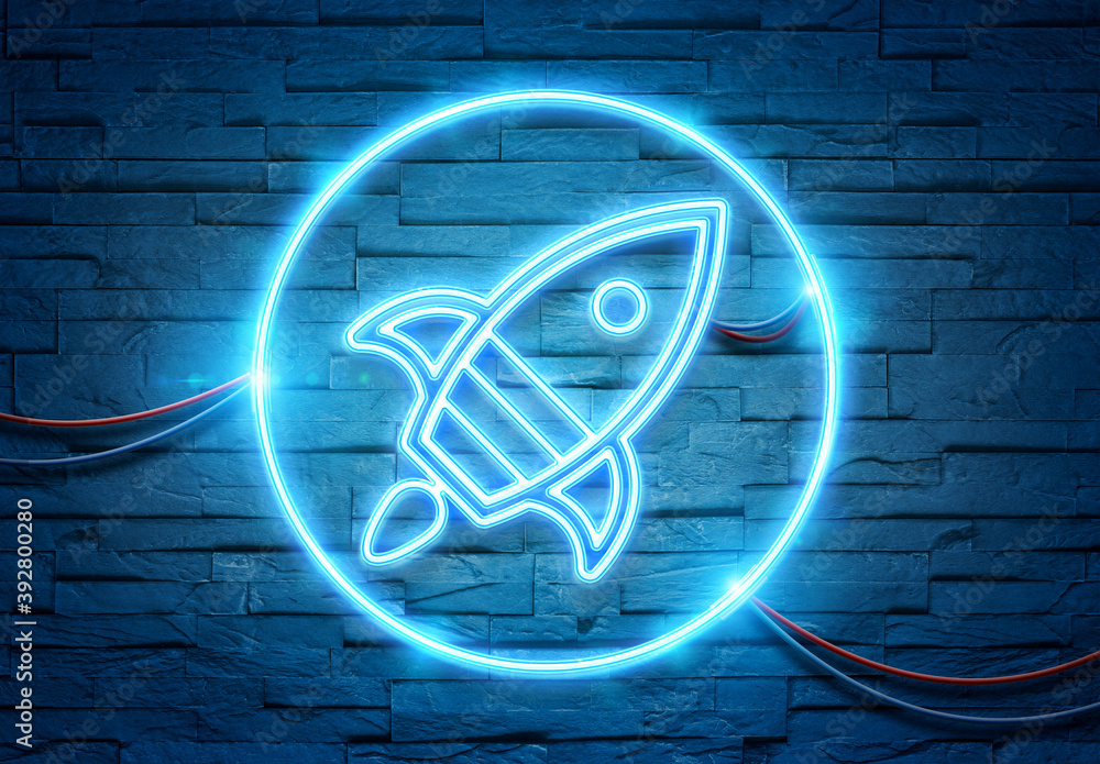 Poster spaceship neon icon illuminating a brick wall with blue and pink glowing light 3d rendering