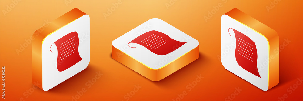 Poster isometric paper scroll icon isolated on orange background. canvas scroll sign. orange square button.