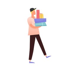 Faceless modern man carrying a pile of gift boxes. Male character holding wrapped holiday presents. Flat vector cartoon illustration isolated on white background