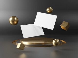 Floating business cards on stage podium Mockup. Template of international calling cards on pedestral 3D rendering