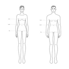 Men and women standard body parts terminology measurements Illustration for clothes and accessories production fashion 9 head male and female size chart. Human body infographic template