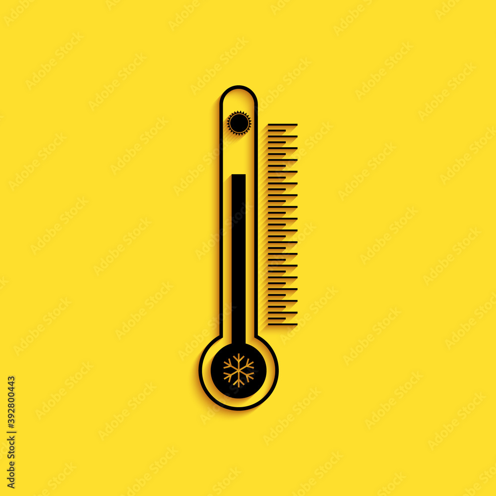 Poster black thermometer with scale measuring heat and cold, with sun and snowflake icon isolated on yellow