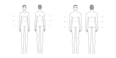 Men and women standard body parts terminology measurements Illustration for clothes and accessories production fashion 9 head male and female size chart. Human body infographic template