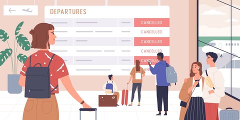 Passengers disappointed with flight cancellation. People looking at schedule board with information about canceled flights in waiting hall of international airport. Colorful flat vector illustration