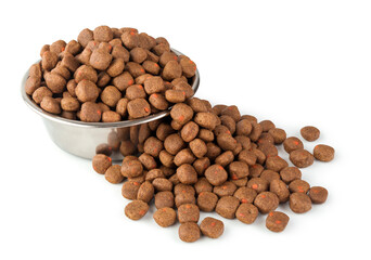 Full dog or cat food on stainless dish on white background for design about pet shop. Animal and pet concept.