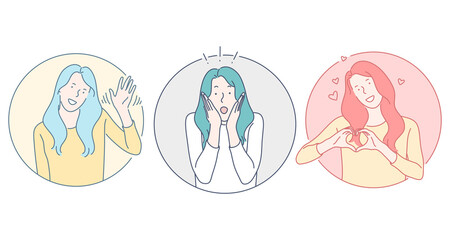 Woman different emotions concept. Young woman cartoon character waving and greeting, feeling surprised and showing heart as symbol of love and smiling. Facial expression, positive emotions 