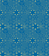 Hexagonal patchwork Snow Flake Pattern. Christmass and New Year wallpaper or wrapping paper design.